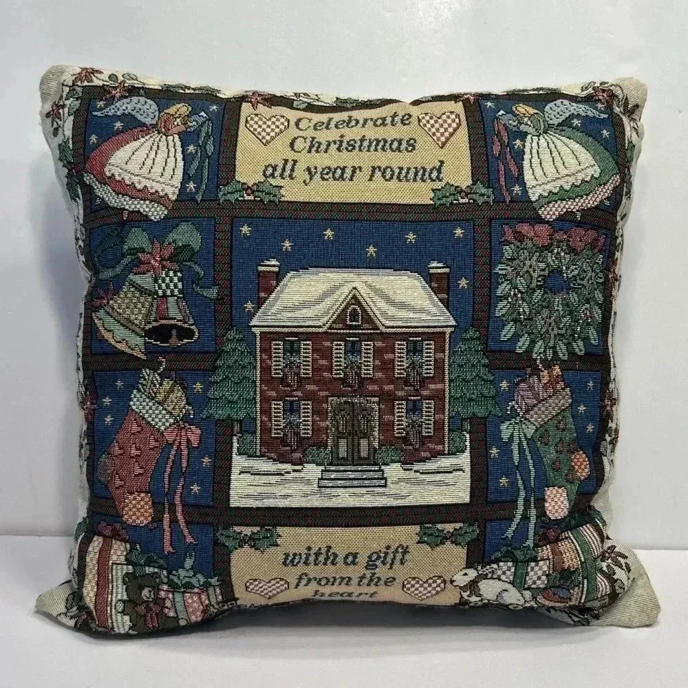 Vintage Christmas Tapestry Needlepoint Pillow 16” Square Celebrate Christmas